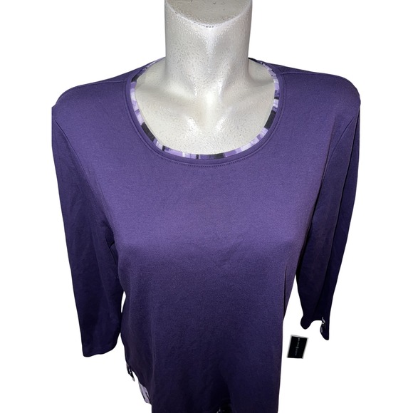 New Karen Scott Top Purple Print Trim 3/4 Sleeve Shirt Size XL Casual Travel - Picture 2 of 9